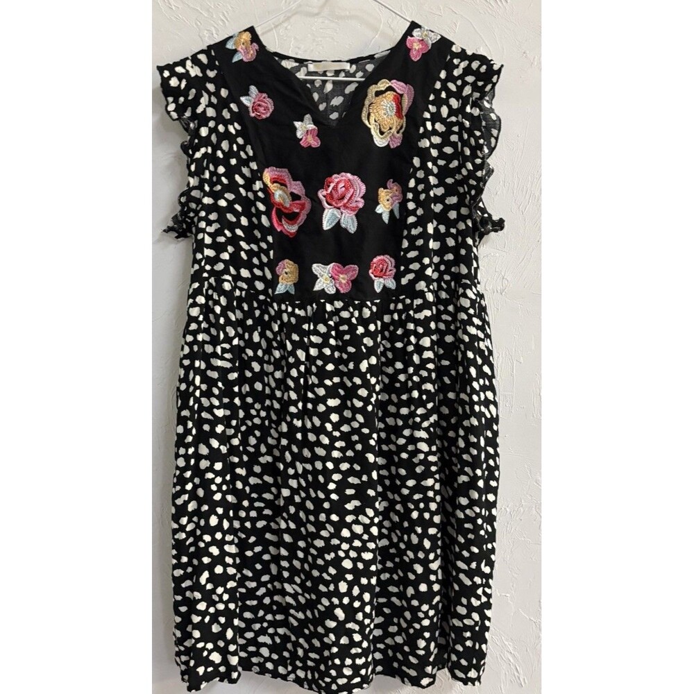 KIRUNDO Boho Black White Polka Dot Sleeveless Knee Length Sheath Dress Women’s L